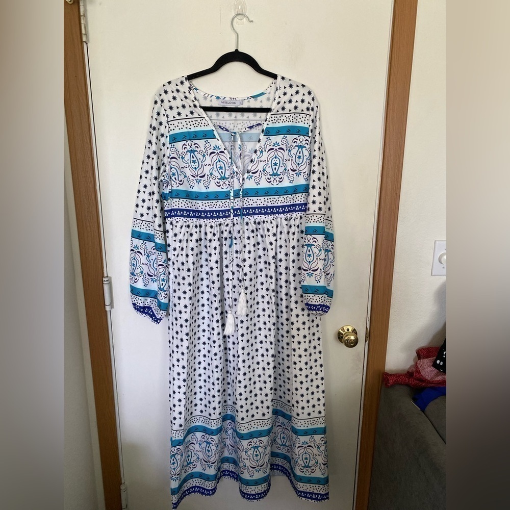Miss look large peasant/prairie/Boho maxi length long sleeve dress